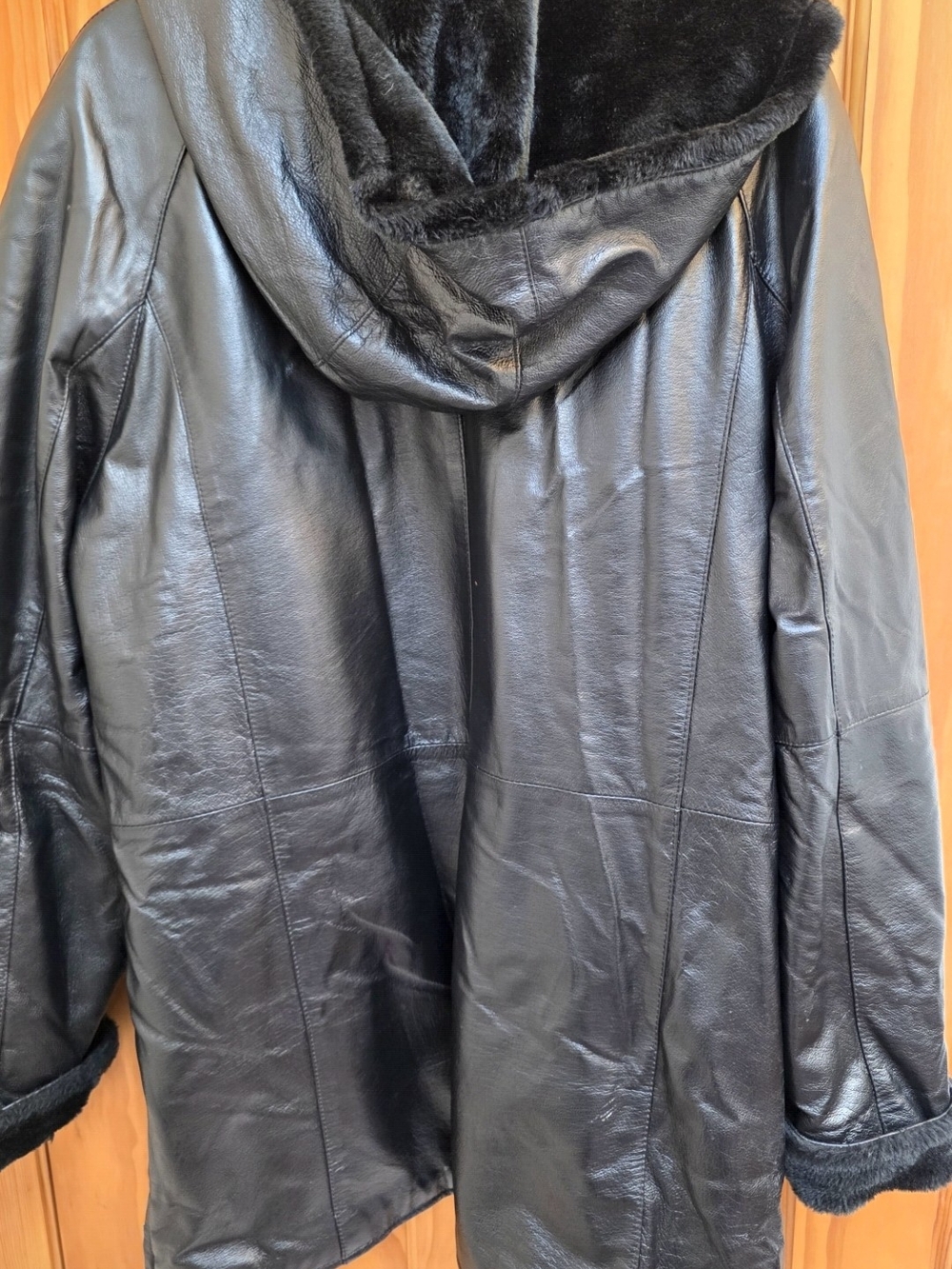 Fitz-Wright Black Leather Hooded Coat with Faux Fur Lining - Picture 3 of 3